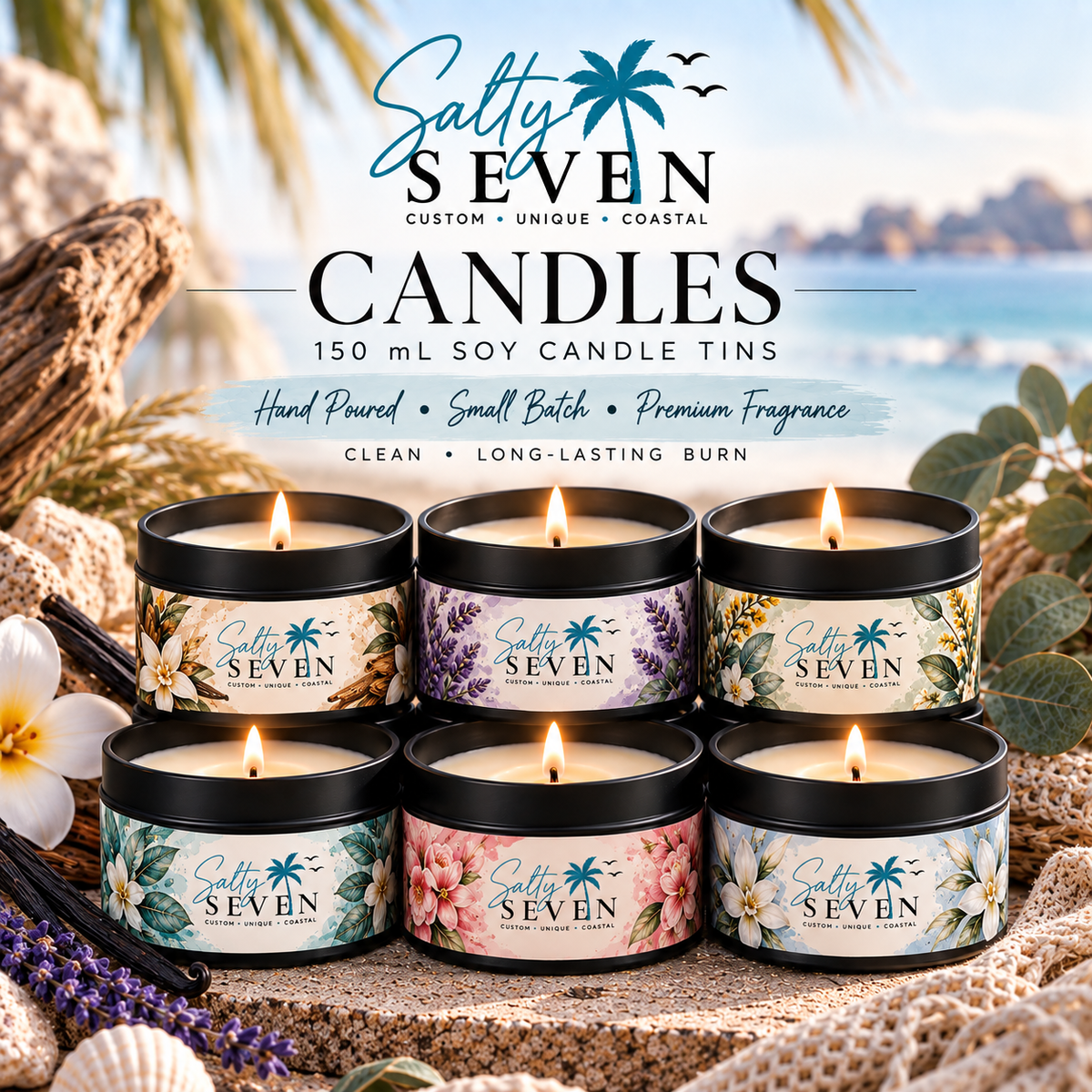 Salty Seven 150 mL hand poured soy candle tins