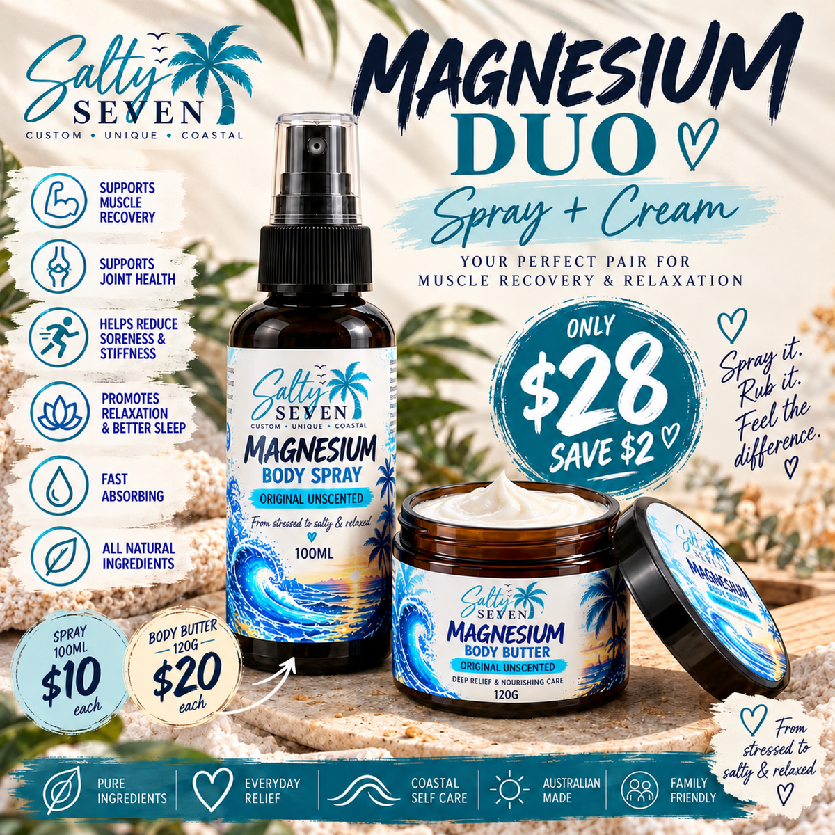 Salty Seven Magnesium Duo with 100mL body spray and 120g body butter for $28