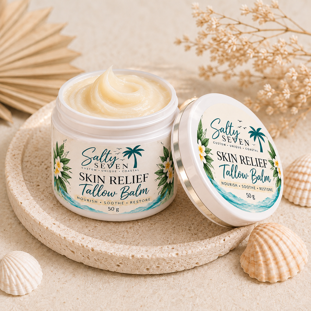 Skin Relief 50g tallow balm jar and cream