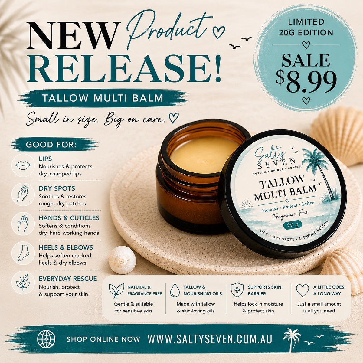 Salty Seven Tallow Multi Balm 20g new product release sale $8.99