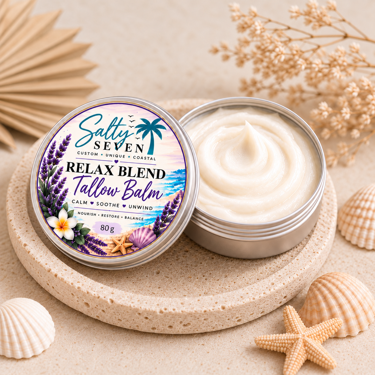 Scented 80g tallow balm open tin and cream